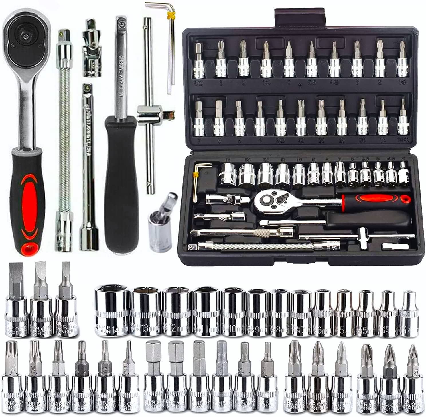 Pezzi Chiave a Tubo Kit, 34pz Punte e Driver per Chiavi a Bussola da 1/4'' Co - Immagine 1