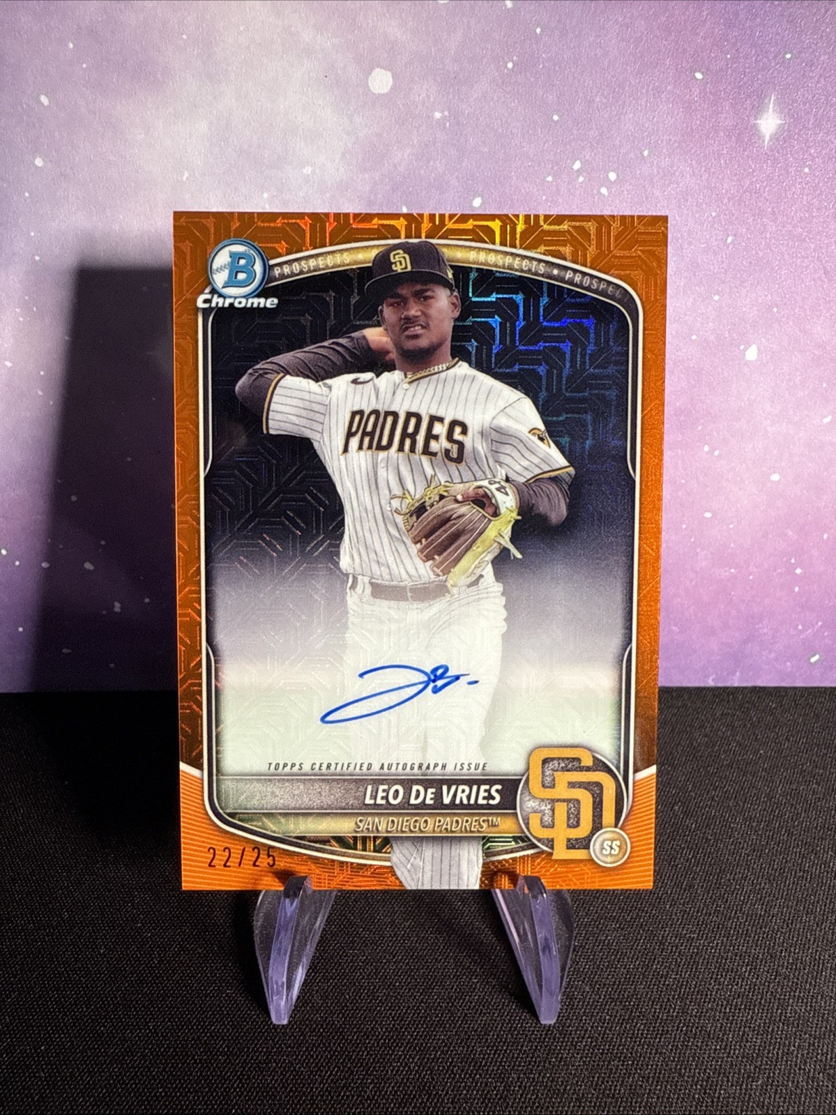 2025 Bowman Chrome Leo De Vries Auto/Autograph /25 Orange Mojo San Diego Padres