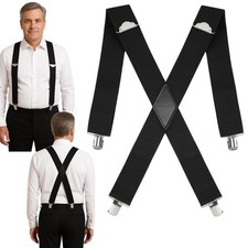 Mens Suspenders 2 Inch Wide X Back Adjustable Elastic Clip On Braces Black