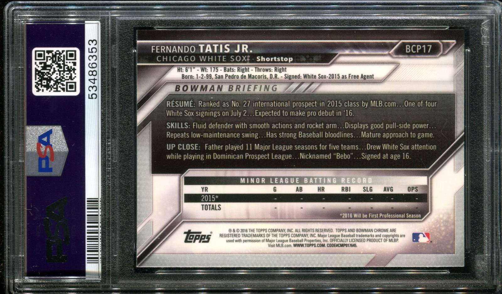 PSA 9 2016 Bowman Chrome Prospects #BCP17 Fernando Tatis Jr. RC White Sox view 2