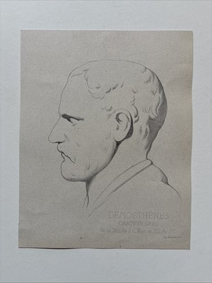 Antiker Kupferstich 1868 Akademisches Männerportrait Studie Demosthenes, griechischer Redner