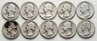Lot of (10) 90% Silver Washington Quarters (1935-1939)