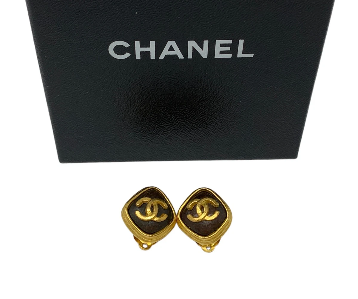 CHANEL Vintage 97A Coco Mark Earrings Fashion Jewelry Dark Brown Metal  RankAB+