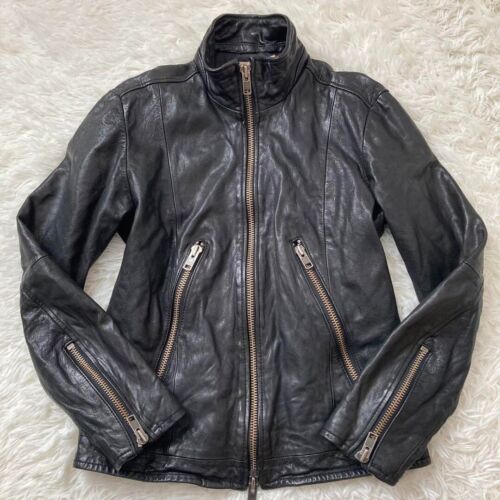 AVIREX 6111033 Leather Jacket Goatskin Men Size L Black Figure Eight Zip - Picture 1 of 13