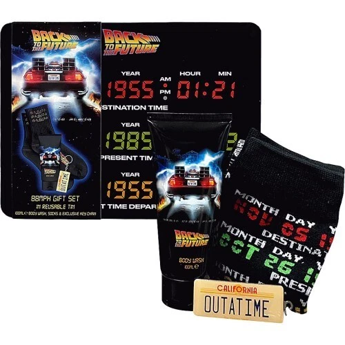 BACK TO THE FUTURE ZURÜCK IN DIE ZUKUNFT SET - KÖRPERWÄSCHE, SOCKEN & SCHLÜSSELANHÄNGER IN BLECHE BRANDNEU! WEIHNACHTSGESCHENK