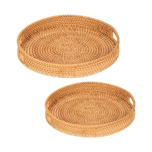 2x Handmade Rattan Serving Tray Organizer with Handles Portable Decorative Tray - Picture 4 of 5