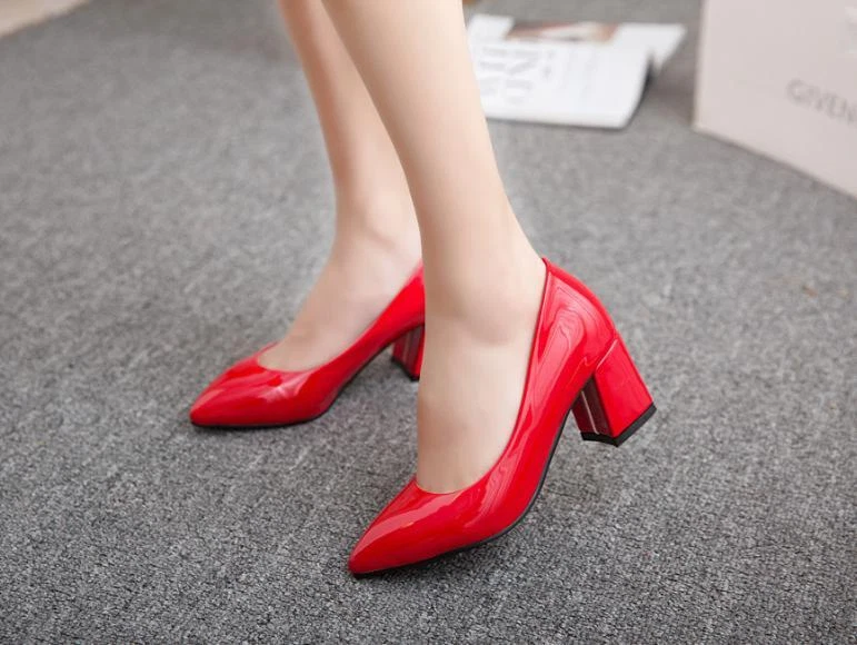 Mid Chunky Heel Pointy Toe Women's Slip On Shiny Patent Pumps Shoes Office Hot - Image 3 of 4