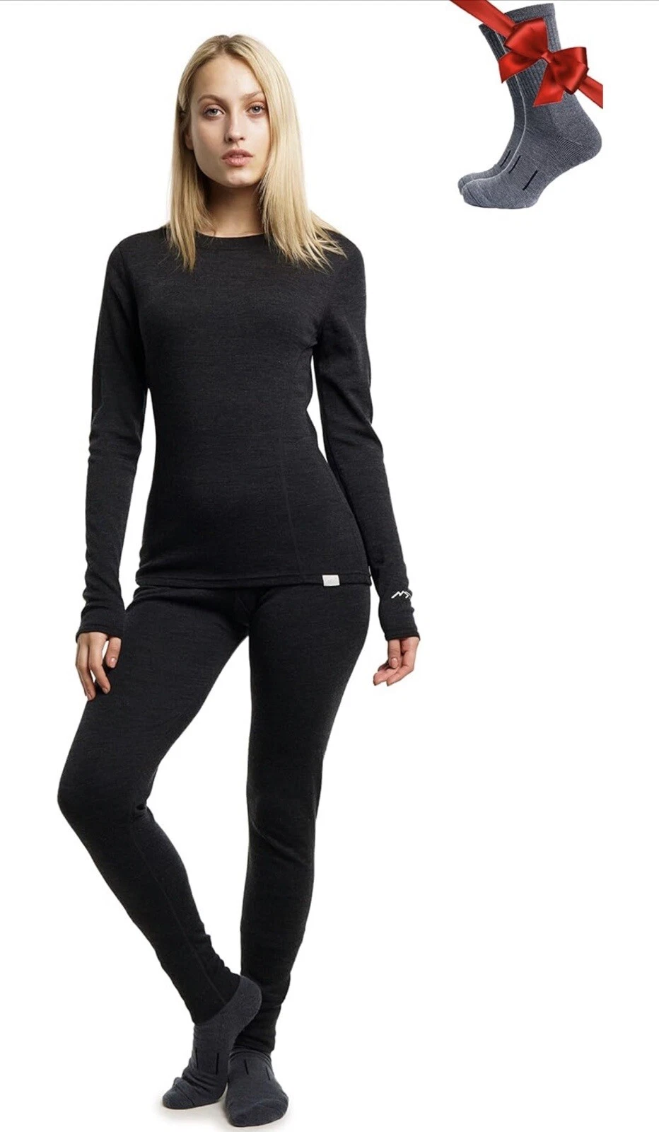 NEW Wool Base Layer Women's Set, Top and Bottom, Black/Size Medium