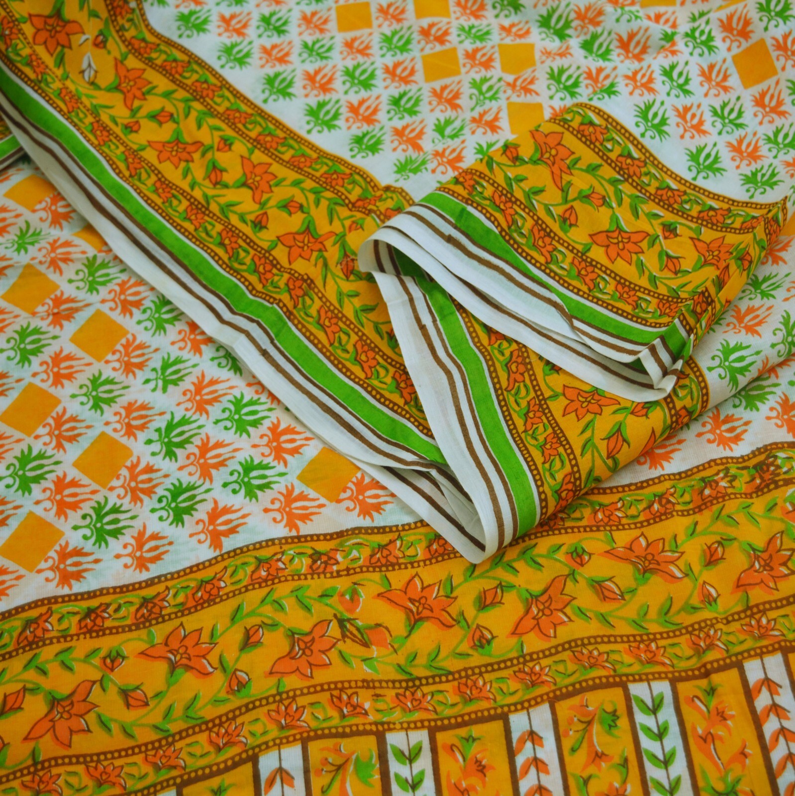 Vintage Saree Printed Pure Cotton Indian Sari Craft Fabric 5yd Sewing Floral