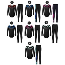 US Kid Gymnastic Long Sleeve Leotard with Ice Skating Tights Pants Hair Band Set