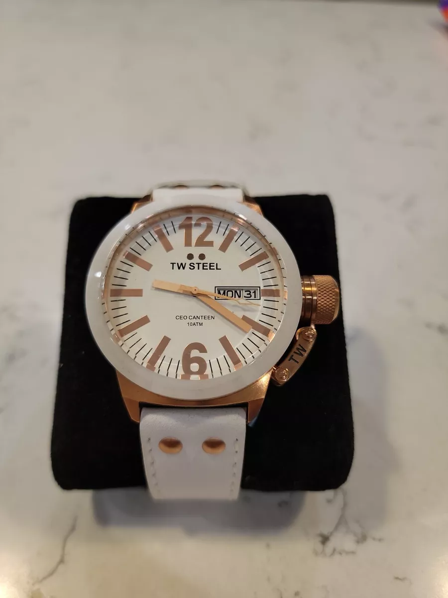 heno A veces a veces esposa TW STEEL CANTEEN WATCH CE1035 NEW WHITE ROSE GOLD DAY DATE UNISEX LEATHER  CEO | eBay