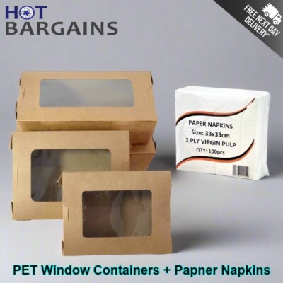 100 Lebensmittelbehälter mit einzelnem PET-Fenster und 100 Papierservietten Set zum Mitnehmen