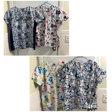 Lot of 4 Women's Medium Scrub Tops Various Patterns Prints Cotton Preowned