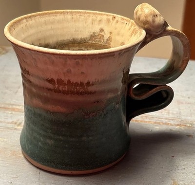 Studio Art Pottery Coffee Mug Cup Glazed Thumb Rest Curly Handle Vintage