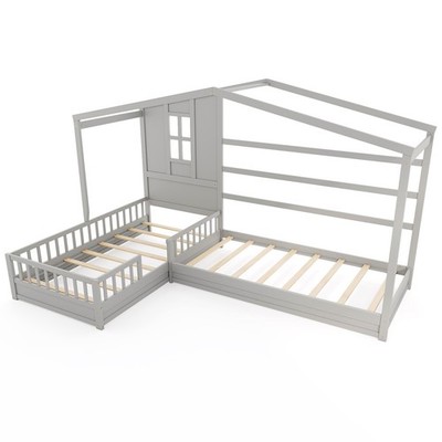 L-shaped Double Twin Beds House Platform Beds with Window & Fences  ray