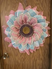 Handmade Mesh Sunflower Wreath Door Decoration Pink Blue Beige Artificial