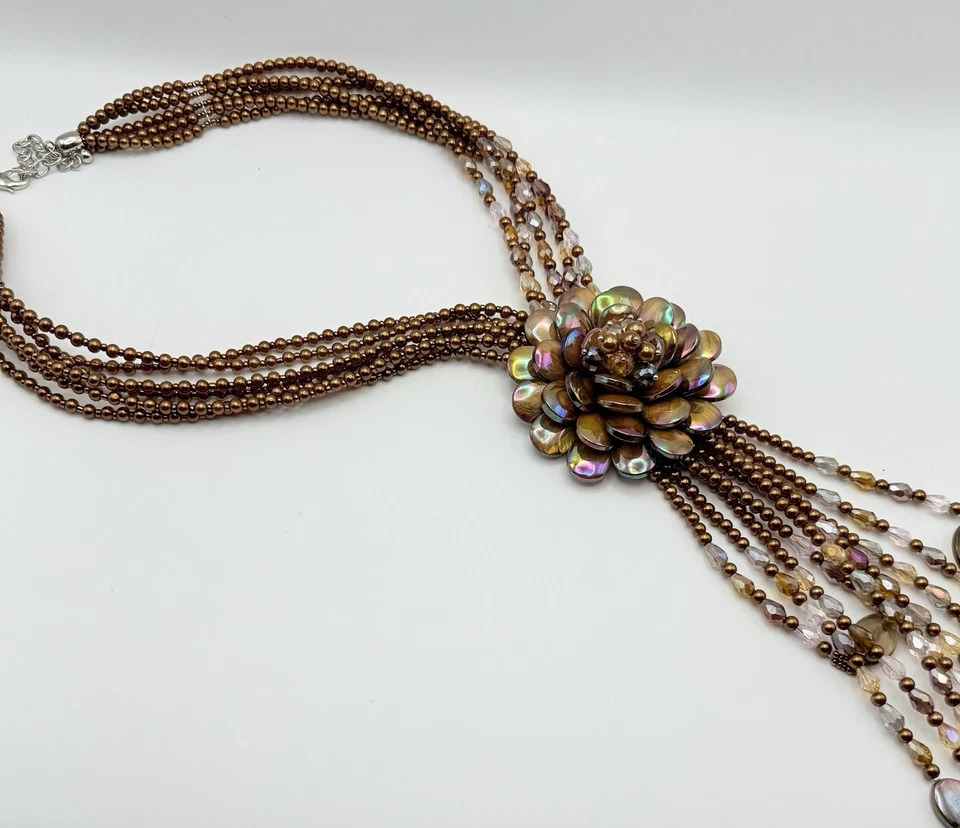 Vintage Joan Rivers Signed Flower Bib Necklace Multi Strand Bronze Crystal - Image 3 of 4
