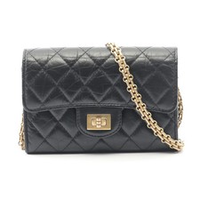 CHANEL 2.55 Matelassé Mini Shoulder Bag Aged Calfskin Black Gold #RC1868