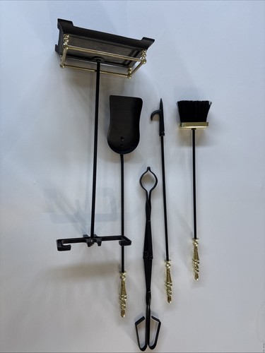 Vintage Iron Metal W/ Brass Accents 5 Pc Mixed Fireplace Tool Set W/ Stand