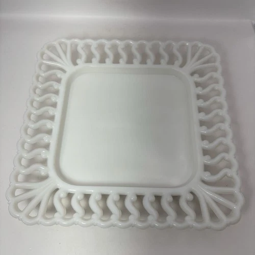 Vintage Westmoreland Glass Milk square S plate 8.5” dinner white lace pierced