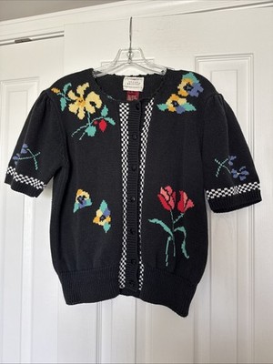 Vintage Susan Bristol Women's Medium Black Floral & Gingham Cardigan Cottagecore