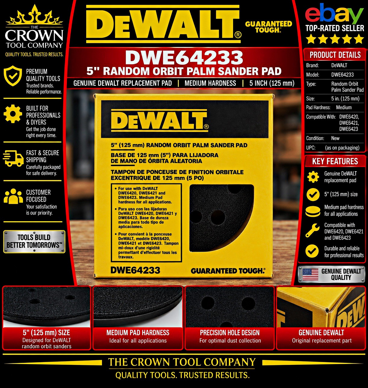 DEWALT DWE64233 Random Orbit Palm Sander Pad 5 in (125 mm) Medium Black