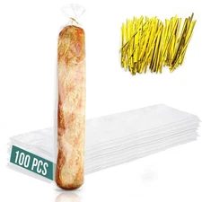 6x28 Inch Plastic Bread Bags, Clear Baguette, Ties, Homemade, Storage, Food