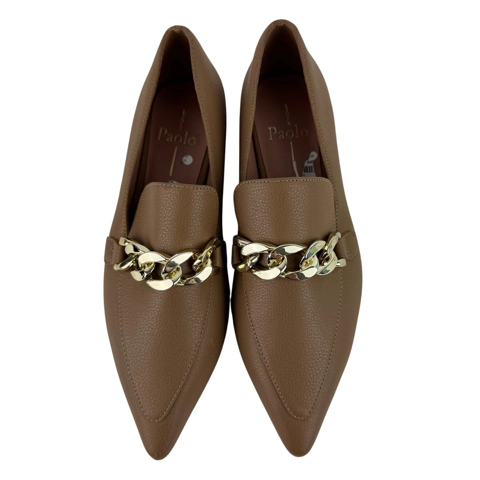 MOCASÍN LINEA PAOLO MABEL PUNTA PUNTIAGUDA CON CADENA DORADA EN BRONCEADO NUEVO SIN CAJA PARA MUJER 6,5M Foto 2 de 4