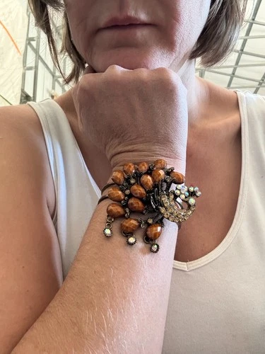 Vintage Costume Jewelry Bracelet Peacock Gemstones Dangle Open Clasp Large Style