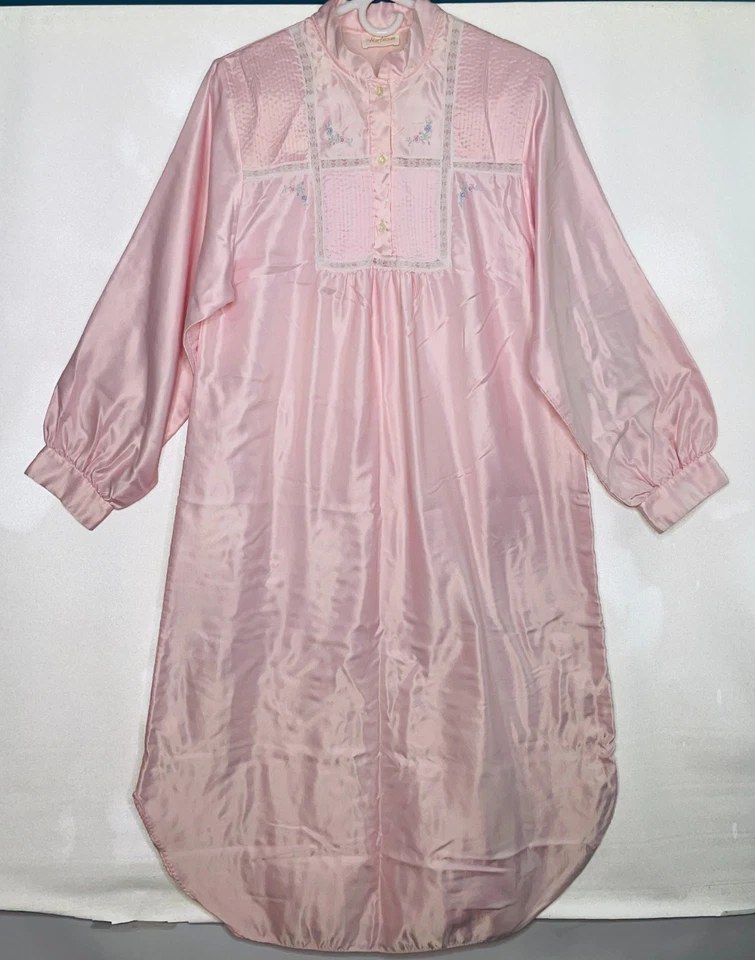 Camisón vintage Barbizon manga larga rosa satinado encaje flores para mujer’s M Foto 2 de 4