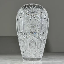 Vintage ABP Hand Brilliant Cut Crystal "Queen Lace" Rounded Hobstar Vase 8" 