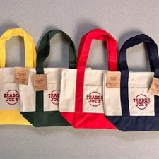 Trader Joe's Mini Canvas Tote Bag Set Of 4 Red Blue Green Yellow CHRISTMAS LIMIT