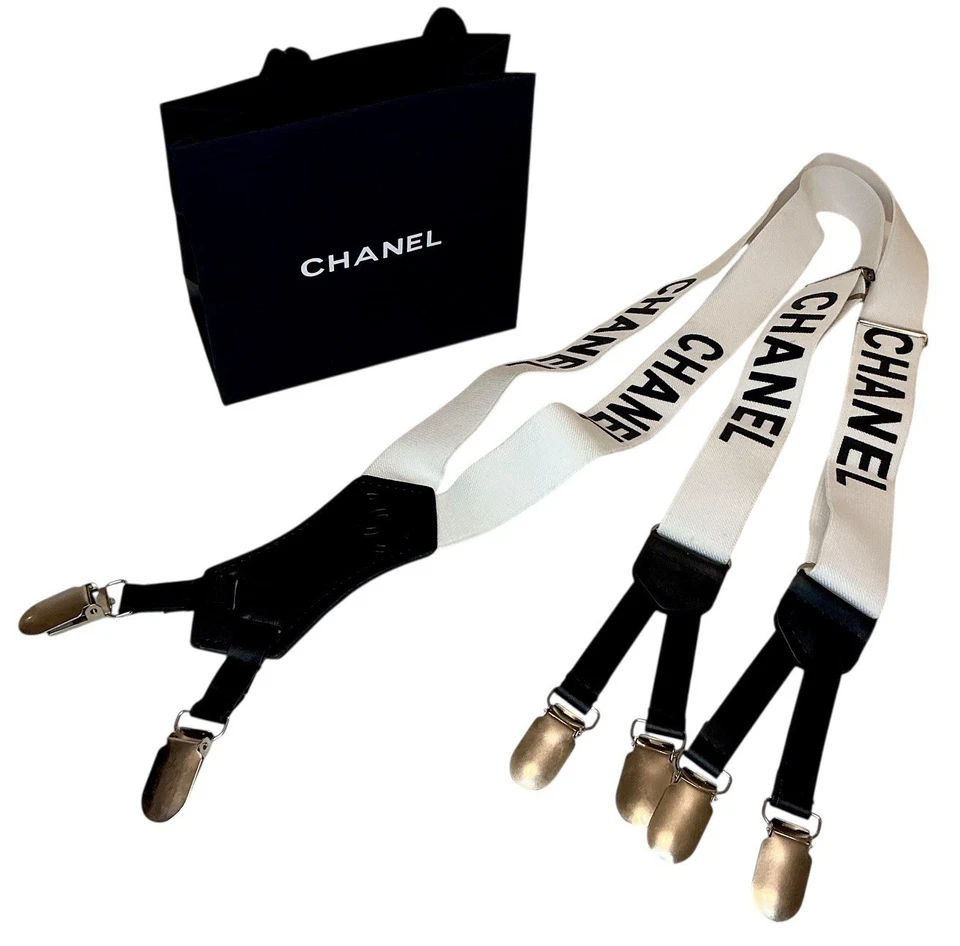 CHANEL White Logo Suspenders with Black Leather Accents - Luxury Accessory - Image 4 of 4