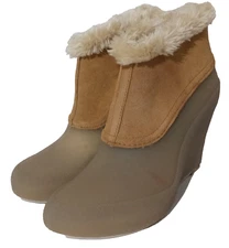 New CCilu Tan Suede Fur Cuff Wedge Heeled Booties Size Zip Women's Size 10