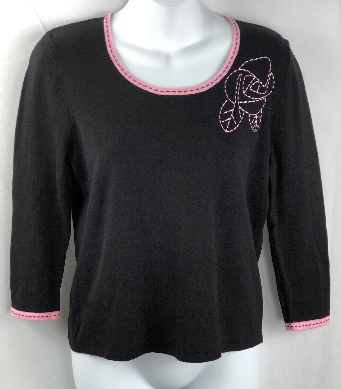 Vintage Requirements Knit Top S Blk/Pink Embroidered 3/4 Sleeve Babydoll  90s Y2K