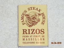 Vintage Rizos Penn at First Famous Steak Massillon Ohio Match Box NO MATCHES
