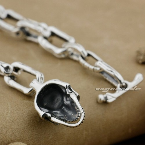 Bracciale teschio argento sterling 925 biker rock punk gioielli 8W008A - Foto 9 di 16