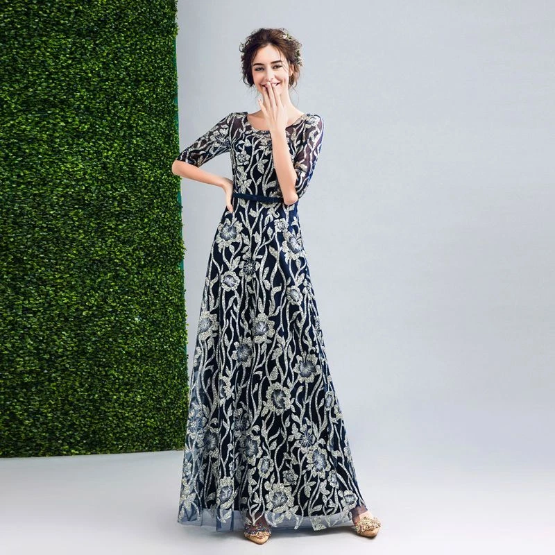 Женщин Sexy хозяин вечеринки платье DK синий рукав O шеи пола длины платье невесты - Изображение 2 из 4