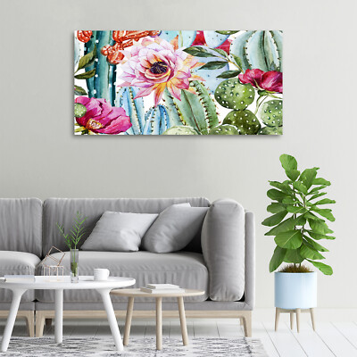 Tableau Sur Verre Tulup 100x50 Cm - Cactus Et Fleurs - Moderne - Neuf