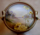 Beautiful Antique Nippon Hand Painted Moriage Bowl w Handles - flower-lake-trees