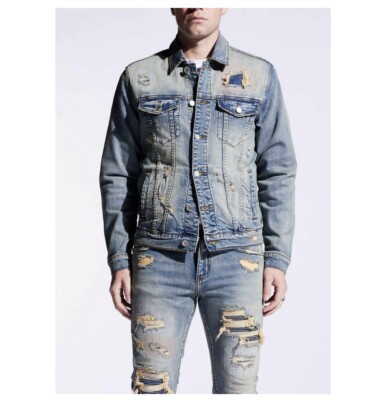 NWT Embellish Blue Concat Denim Jacket Distressed Size XLarge