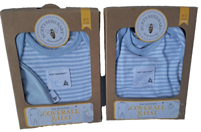 Burts Bees 0-3M Coverall And Hat Plus Bonus Coverall Blue White Stripe Cotton