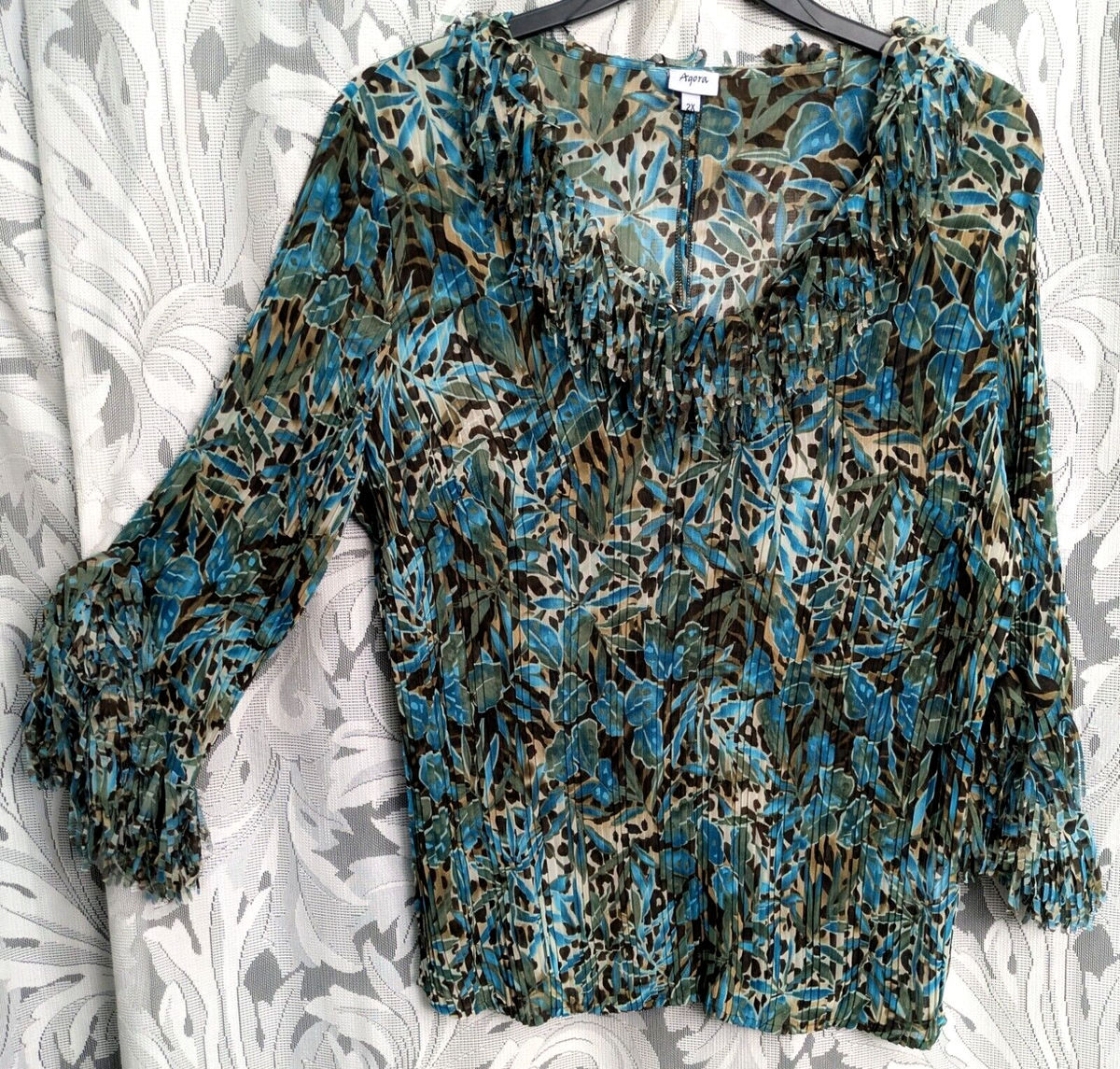 2X 1X Semi Sheer Chiffon Crinkle Fringe 3/4 Sleeve Pull On Agora