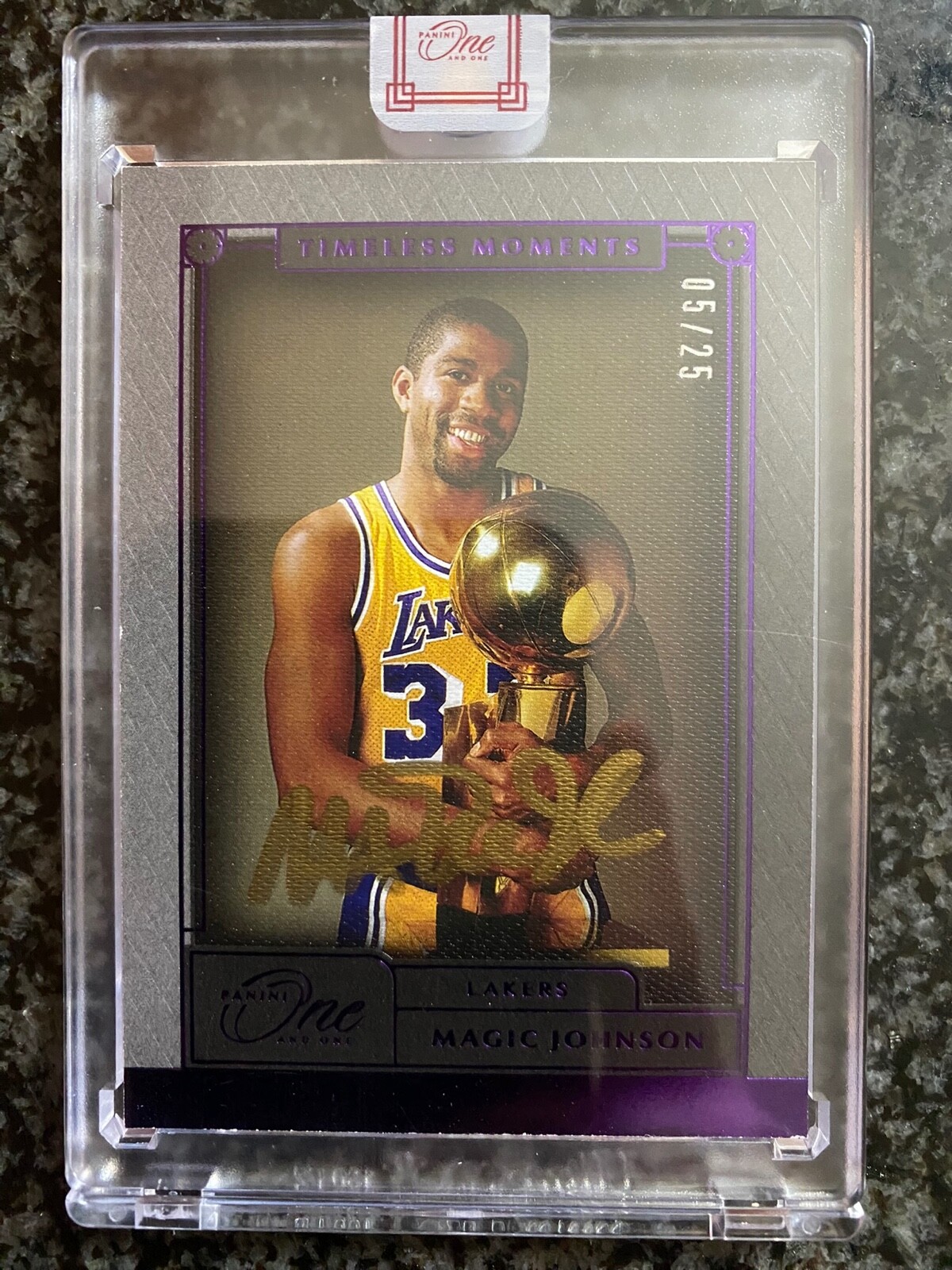 Magic Johnson 2020-21 Panini One and One Timeless Moments Auto #/25 Purple