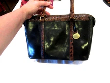 Brahmin black & brown leather doctor bag purse, brass feet, c. 1990s