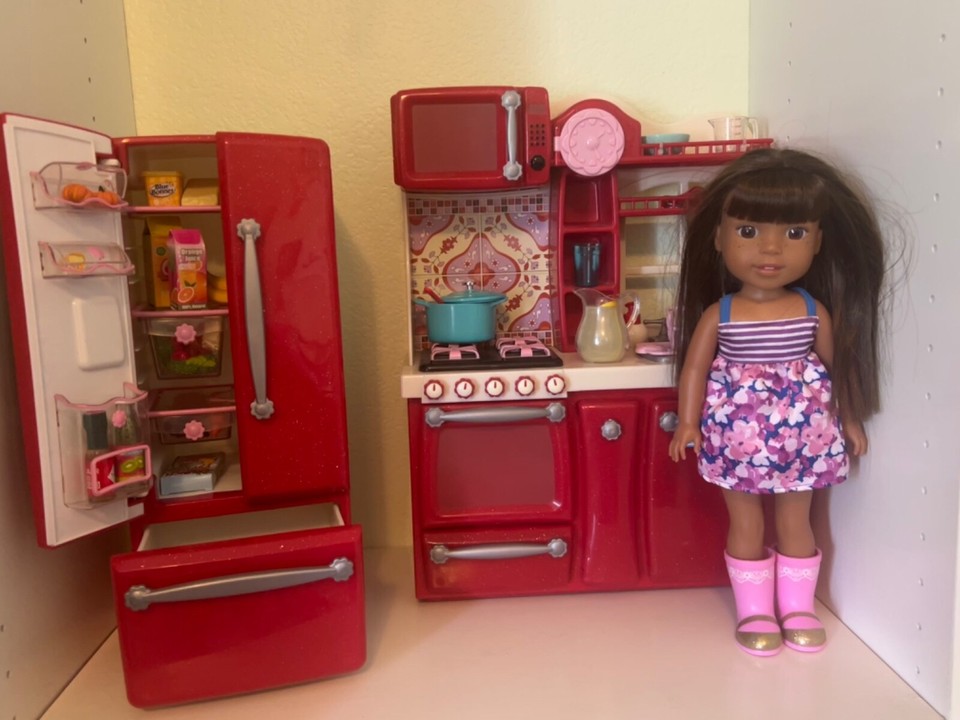 Our Generation Gourmet Kitchen and Fridge Red With Acc. and food for 18 ...