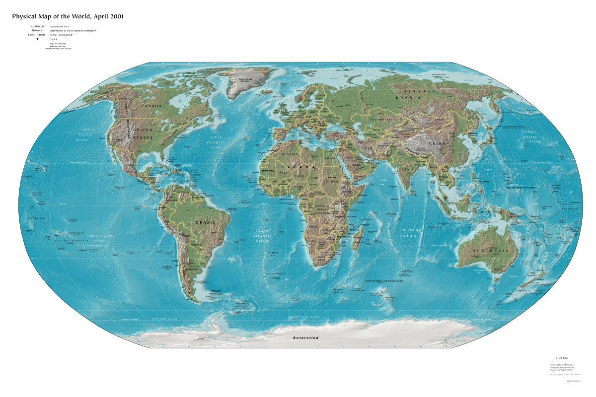 The World 2001 Political Administrative Physical Geographic Map Poster ...