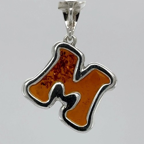 Cognac / Brown BALTIC AMBER Letter "M" Pendant 925 STERLING SILVER Poland #9013e - Picture 2 of 9
