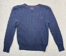 Polo Ralph Lauren Boys M 10-12 Cable Knit Cotton Crewneck Sweater Blue Red Pony