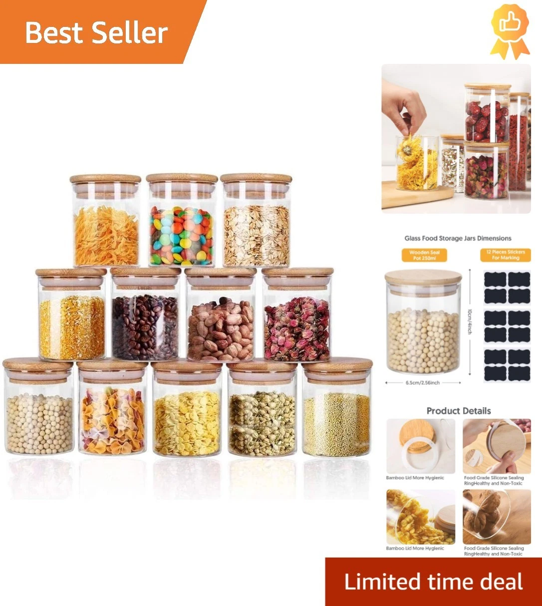 Set of 12 Clear Glass Jars 250ml with Labels & Bamboo Lids for Kitchen Storage